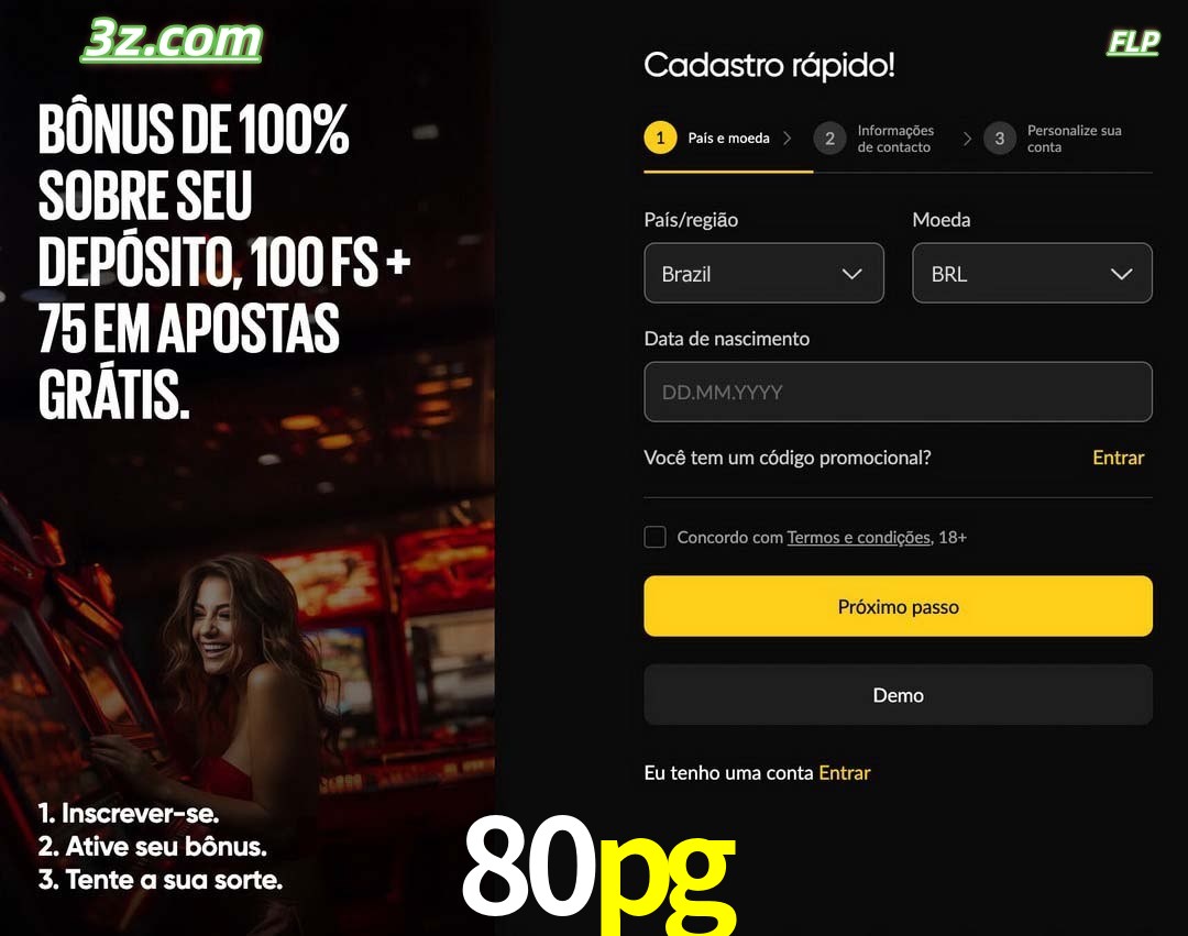 80pg registro oficial cassino online Brasil com bônus de depósito e free spins